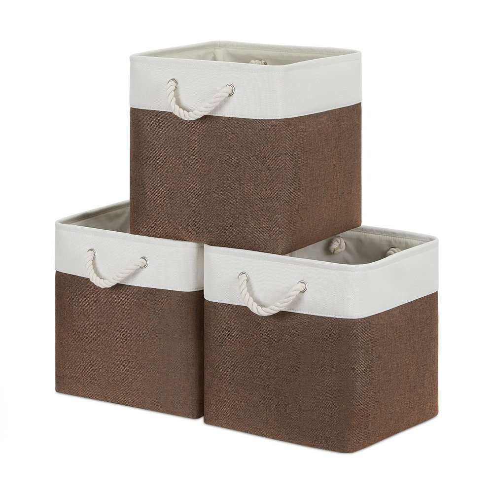 Bidtakay Collapsible Rustic Cube Storage - Brown Cloth Baskets with Handles, 13x13x13 Inch, Set of 3 Fabric Storage Bins