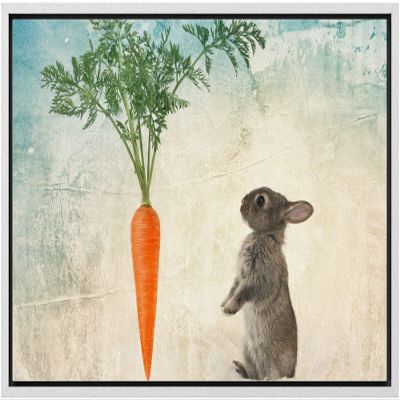 wall26 Framed Canvas Print Wall Art Rabbit with Carrot on Abstract Blue Background Animals Wildlife Digital Art Realism Rustic Scenic Nature for Living Room, Bedroom, Office - 16"x24" White