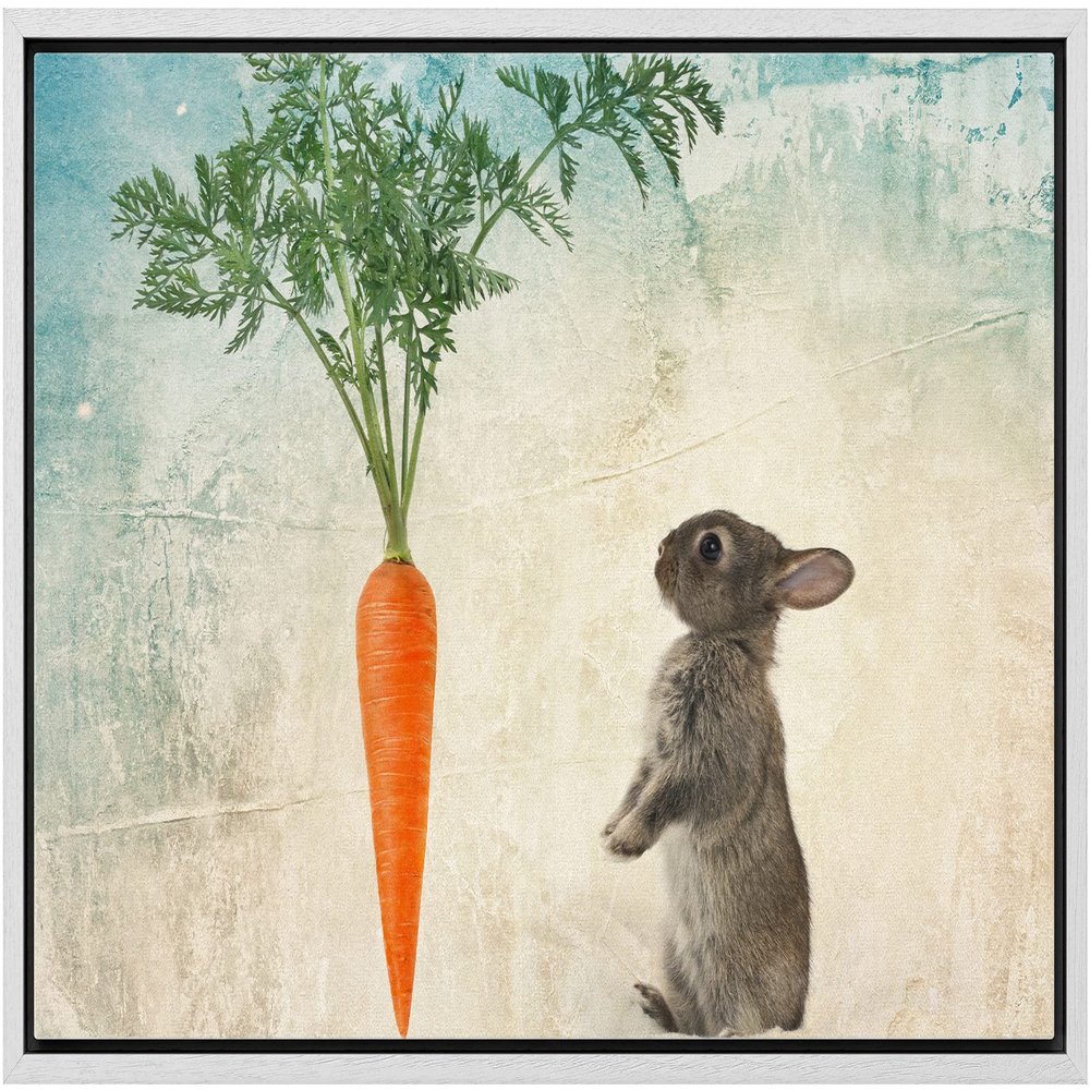wall26 Framed Canvas Print Wall Art Rabbit with Carrot on Abstract Blue Background Animals Wildlife Digital Art Realism Rustic Scenic Nature for Living Room, Bedroom, Office - 16"x24" White