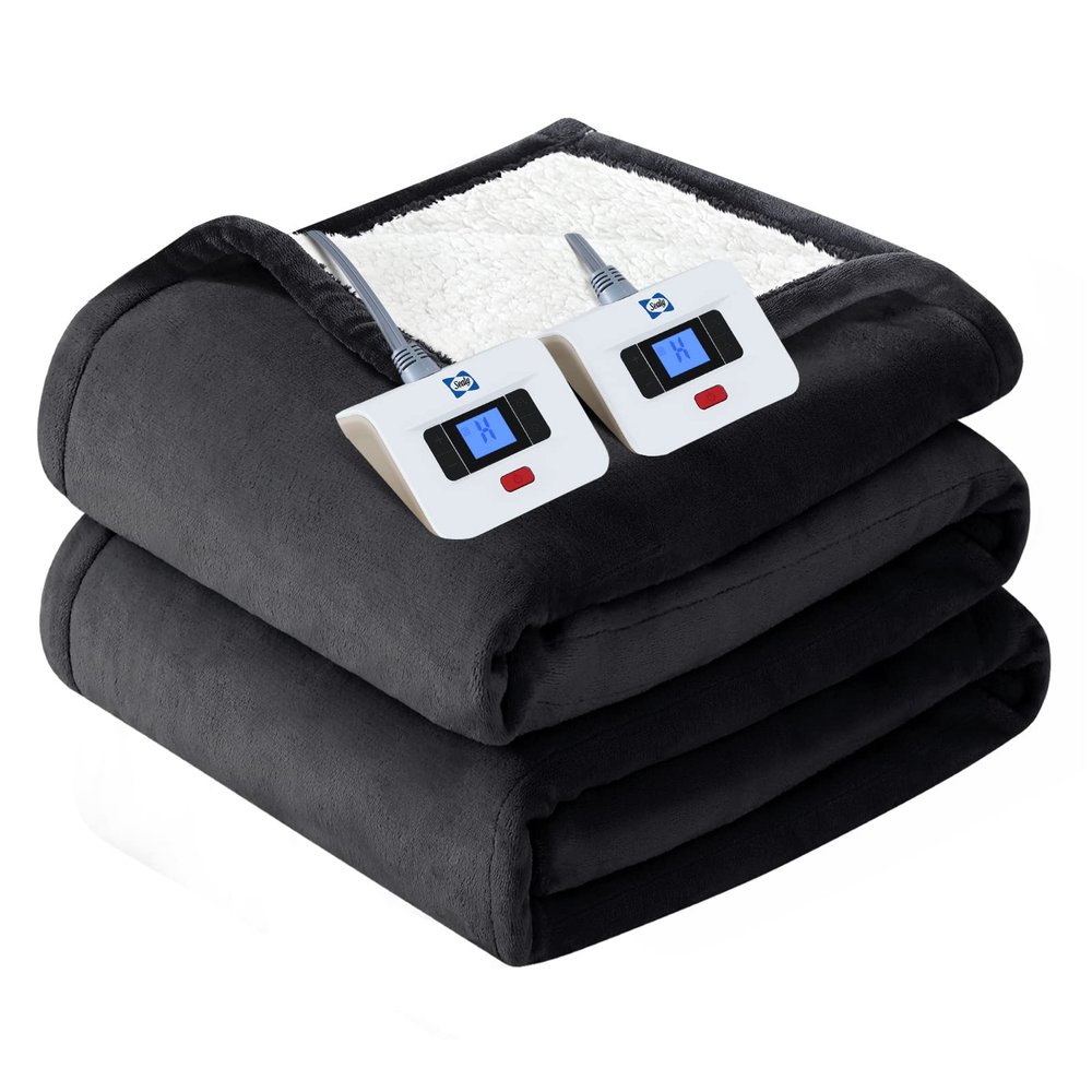 SEALY Electric Blanket Queen Size, Flannel & Sherpa Heated Blanket with 10 Heating Levels & 1-12 Hours Auto Shut Off, Machine Washable, Grey, 84 x 90 Inch