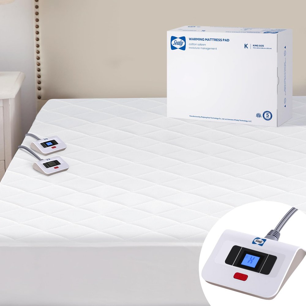Sealy 3M Scotchgard Heated Mattress Pad | Quilted Cotton Electric Bed Warmer with 10 Heat Setting Dual Controller | 1-12 Hours Auto Shut Off | 17" Deep All Around Elastic Pocket, King