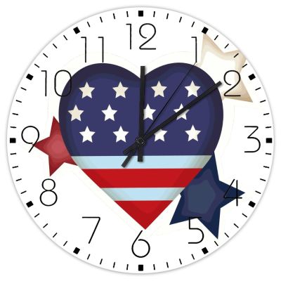 12 Inch Wood Hanging Wall Clock 4th of July Navy Blue Heart Wall Decor for Bathroom Farmhouse American Flag Wall Clocks Round Wooden Wall Clock Country for Conference Room Fitness Room