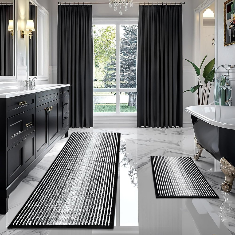 BSICPRO Bathroom Rugs and Mats Sets, 2 Piece Thick Absorbent Chenille Bath Mat Rug Set Non Slip, Soft Shaggy Bath Room Floor Mats for Bathroom, Machine Washable (Black, 20" x 60" Plus 20" x 32")