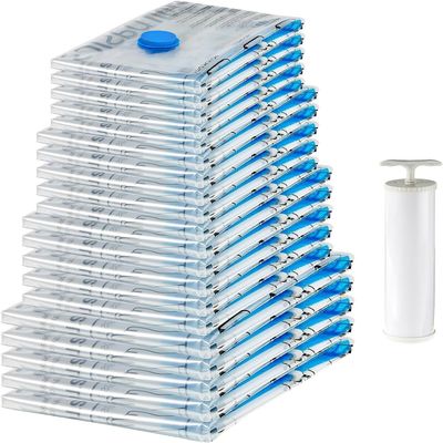 Amazon Basics Vacuum Storage Bags with Hand Pump for Travel, Space Saving Compression Bags for Clothes, Clothing, Blankets and Duvets, Clear, 20 Pack (5 Small, 5 Medium, 5 Large & 5 Jumbo)