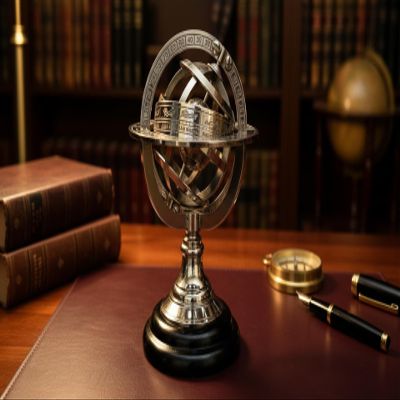 Engraved Brass Tabletop Armillary Nautical Sphere World Globe With Base Table Decor Gift (Silver Finish, 5 Inches) Rustic Vintage Home Decor Gifts