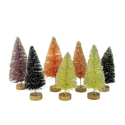 Bethany Lowe Neon Halloween Mini Trees in Box, Set of 7, Orange,green,purple