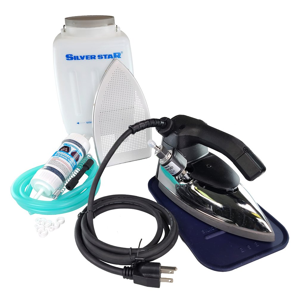 Silver Star ES-90A Steam Iron  110 Volt Gravity Fed Hanging Bottle Clothes Iron with Non-Stick Laminate Sole Plate, Demineralizer Cartridge, Silicon Iron Rest & Hardware