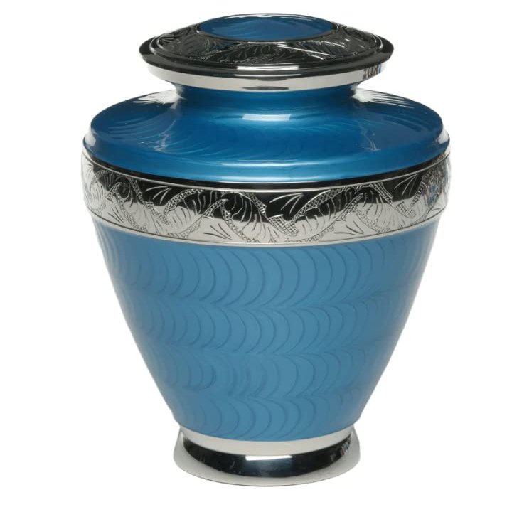 Adult Cremation Urn for Human Ashes - Brass Cremation Urn with Silver Tone Bands and Dark Blue Enamel Overlay - Brass Urn, Adult, Dark Blue - 200 cu. in.