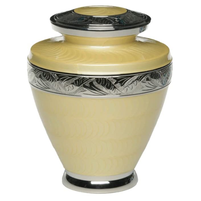 Adult Cremation Urn for Human Ashes - Brass Cremation Urn with Silver Tone Bands and Yellow Enamel Overlay - Brass Urn, Adult, Yellow - 200 cu. in.