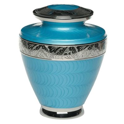 Adult Cremation Urn for Human Ashes - Brass Cremation Urn with Silver Tone Bands and Turquoise Enamel Overlay - Turquoise Urn, Adult Urn, Brass Urn - 200 cu. in.