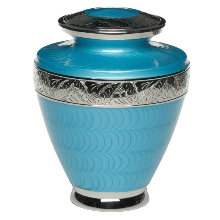 Adult Cremation Urn for Human Ashes - Brass Cremation Urn with Silver Tone Bands and Turquoise Enamel Overlay - Turquoise Urn, Adult Urn, Brass Urn - 200 cu. in.