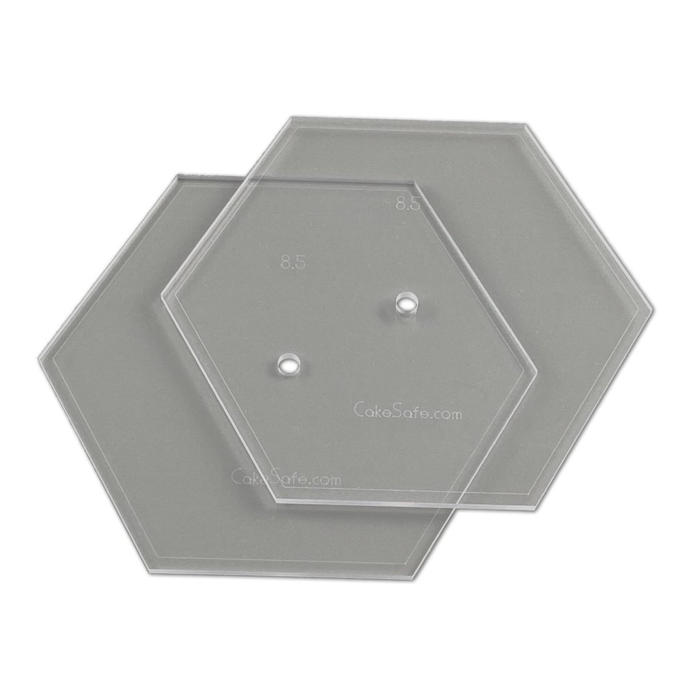 CAKESAFE 8.5 Inch Hexagon Acrylic Disk Set 2 Clear ' Acrylic Buttercream Disks with Engraved Size and Perimeter Border