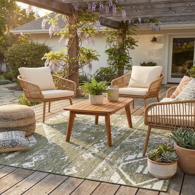 Rugs.com - Outdoor Bohemian Rug 5 Ft Square Green Indoor/Outdoor Rug Washable, Stain-Resistant for Patios, Decks, and Porches