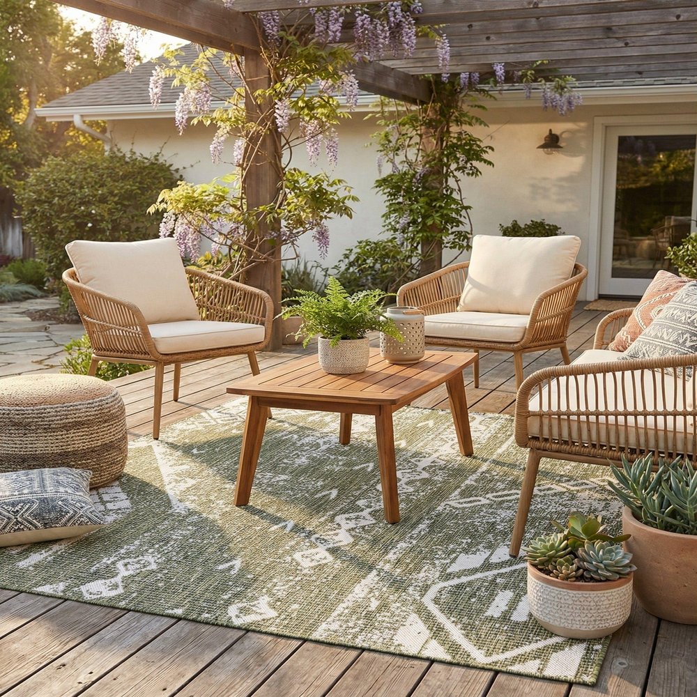 Rugs.com - Outdoor Bohemian Rug 5 Ft Square Green Indoor/Outdoor Rug Washable, Stain-Resistant for Patios, Decks, and Porches