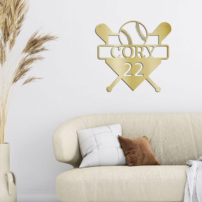 Baseball Home Plate Custom Name Metal Art Wall Sign Gold / 30"