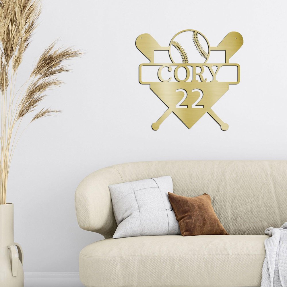 Baseball Home Plate Custom Name Metal Art Wall Sign Gold / 30"