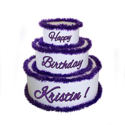 Anderson's White & Purple Personalized Pop-Out Birthday Cake, Life-Size Faux Cake with Script Font, Custom Name, Surprise Reveal Prop for Milestone Parties, Photo Ops, Store or Business Events