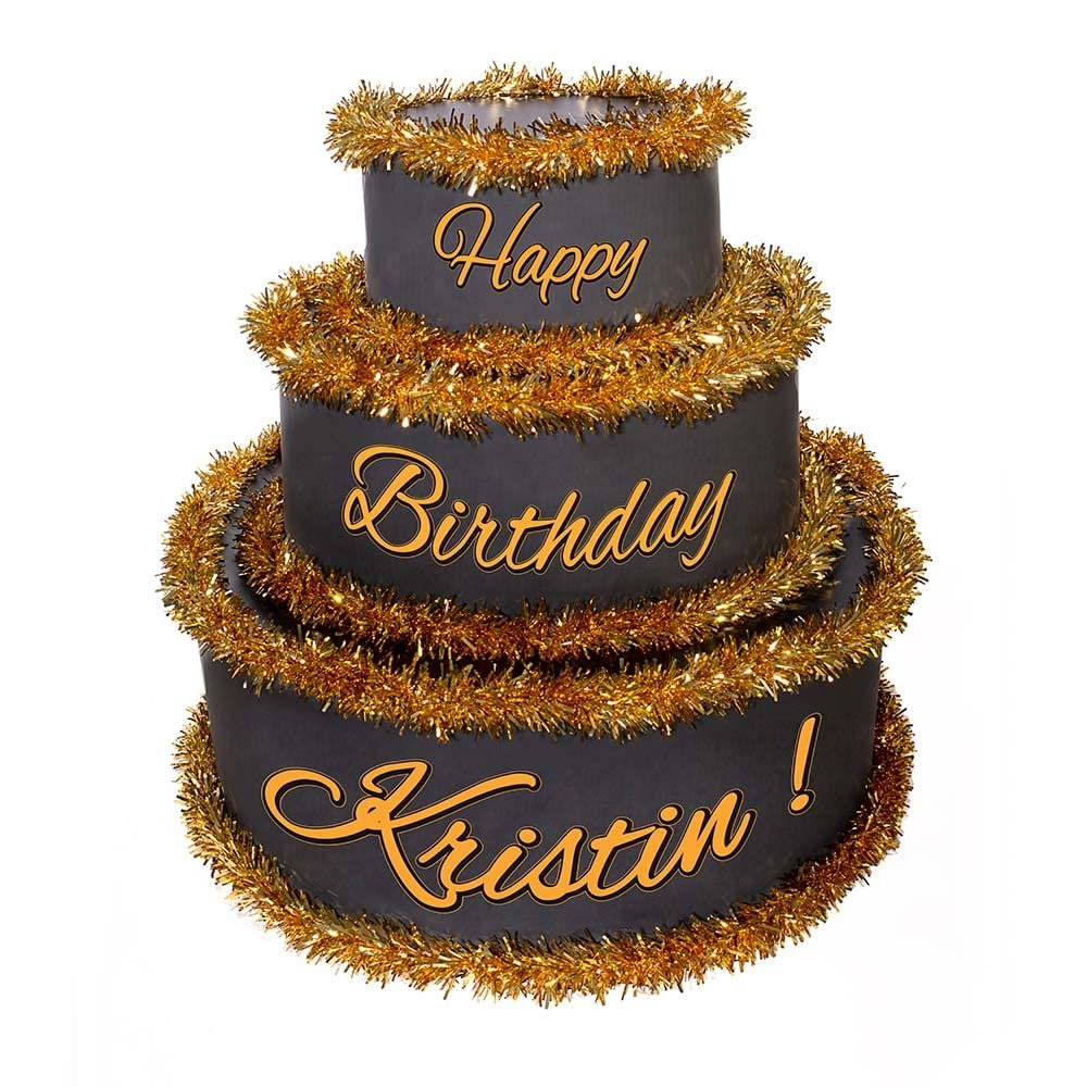 Anderson's Black & Gold Personalized Pop-Out Birthday Cake, Life-Size Faux Cake with Script Font, Custom Name, Surprise Reveal Prop for Milestone Parties, Photo Ops, Store or Business Events