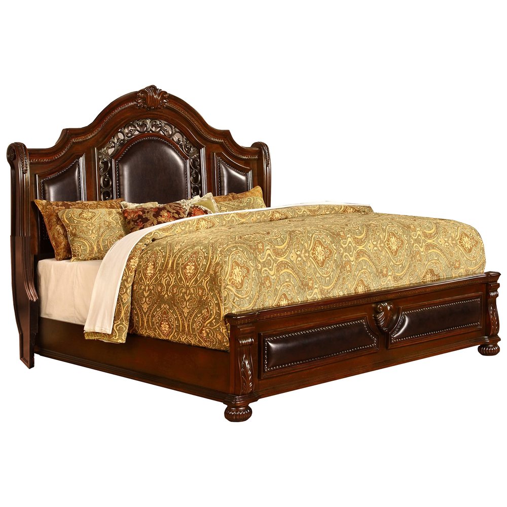 Bessy Traditional Cherry Wood Bed Frame with Faux Leather Headboard and Footboard, Bronze Nailhead Trim, Platform Design for Bedroom, Guest Room, or Master Suite, (Queen)