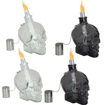 Sunnydaze Grinning Skull Glass Tabletop Torches - Outdoor Patio Lighting - Includes Wicks and Attached Snuffers - Set of 4 Refillable Torches - 2 Clear and 2 Black