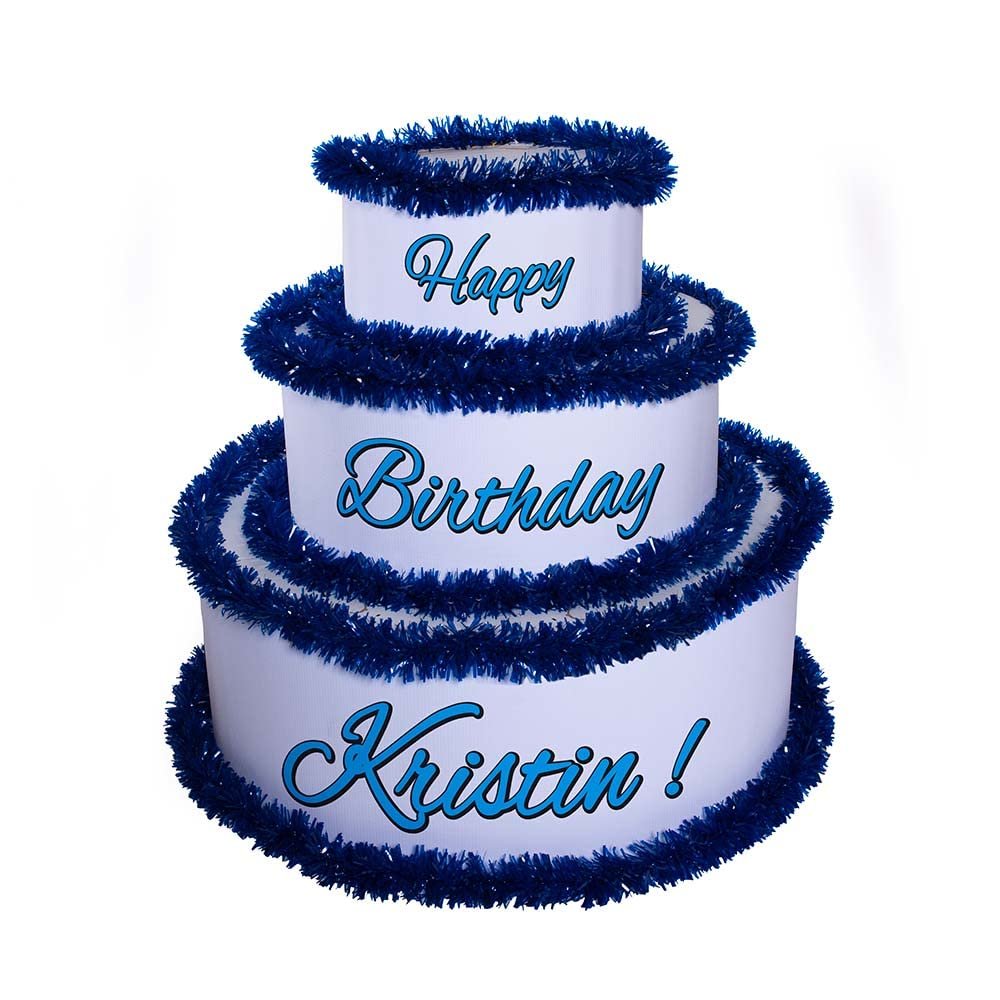 Anderson's White & Blue Personalized Pop-Out Birthday Cake, Life-Size Faux Cake with Script Font, Custom Name, Surprise Reveal Prop for Milestone Parties, Photo Ops, Store or Business Events
