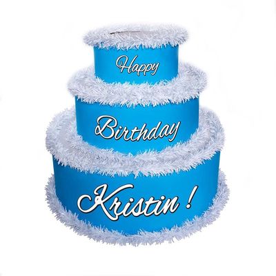 Anderson's Blue & White Personalized Pop-Out Birthday Cake, Life-Size Faux Cake with Script Font, Custom Name, Surprise Reveal Prop for Milestone Parties, Photo Ops, Store or Business Events