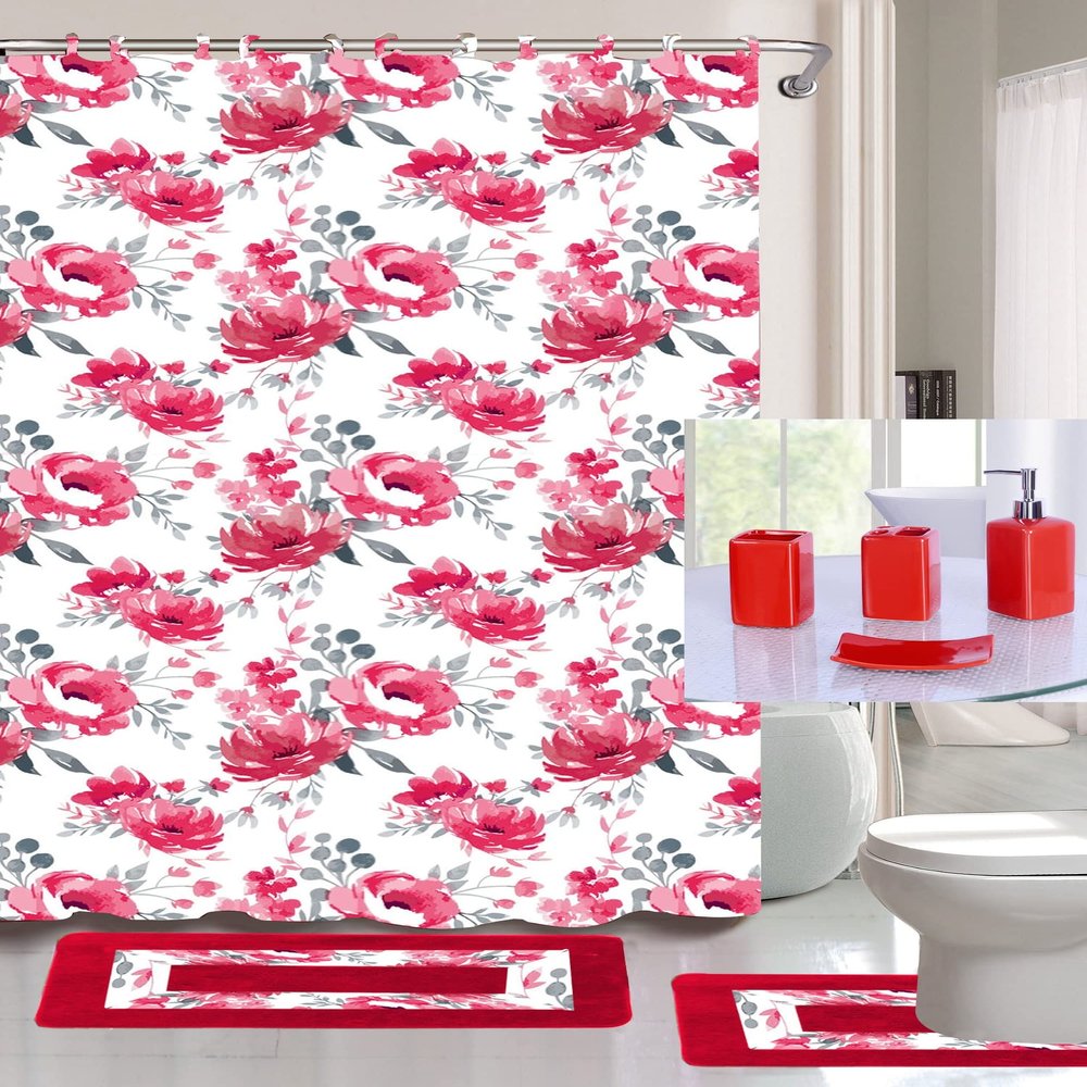 19 Piece Shower Curtain Bathroom Rug with Matching Solid Ceramic Accesories (Camelia Red)