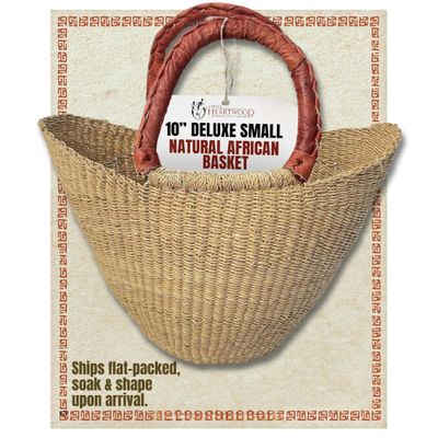 Africa Heartwood Project - Deluxe Small Natural African Shopping Basket with Leather Handle - Classic Heartwood Bolga Market Basket from Women in Bolgatanga, Ghana - 10" U-shape (Flat-packed)