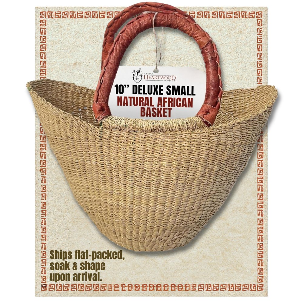 Africa Heartwood Project - Deluxe Small Natural African Shopping Basket with Leather Handle - Classic Heartwood Bolga Market Basket from Women in Bolgatanga, Ghana - 10" U-shape (Flat-packed)