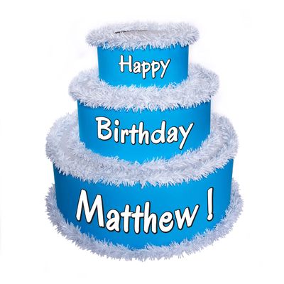 Anderson's Blue & White Personalized Pop-Out Birthday Cake, Life-Size Faux Cake with Fun Font, Custom Name, Surprise Reveal Prop for Milestone Parties, Photo Ops, Store or Business Events