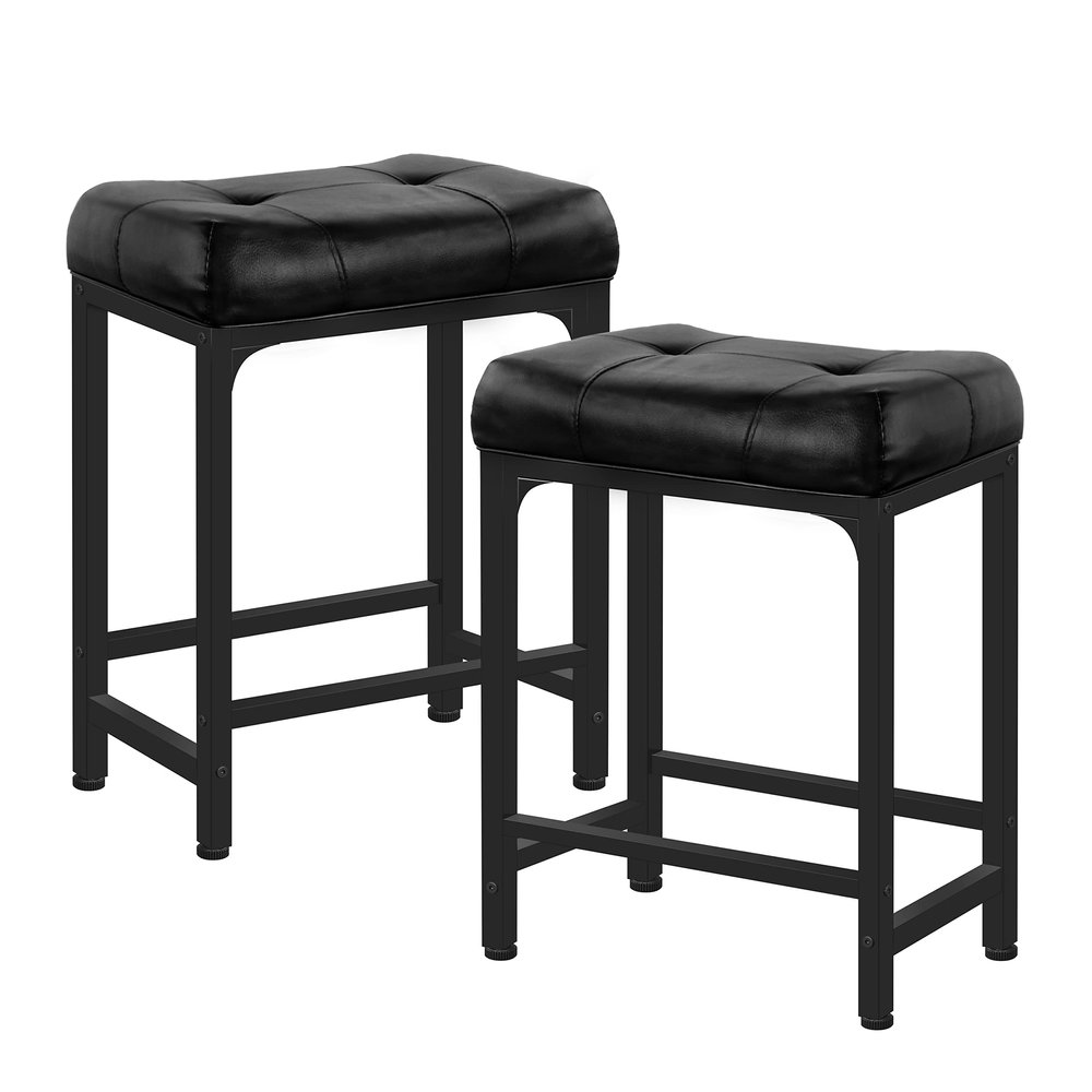 Aheaplus Bar Stools Set of 2, 24 Inch Counter-Height Stools Saddle Stool, PU Leather Barstools with Metal Base, Footrest, Industrial Stools for Dining Room Kitchen Island, Counter, Pub, Bar, Black