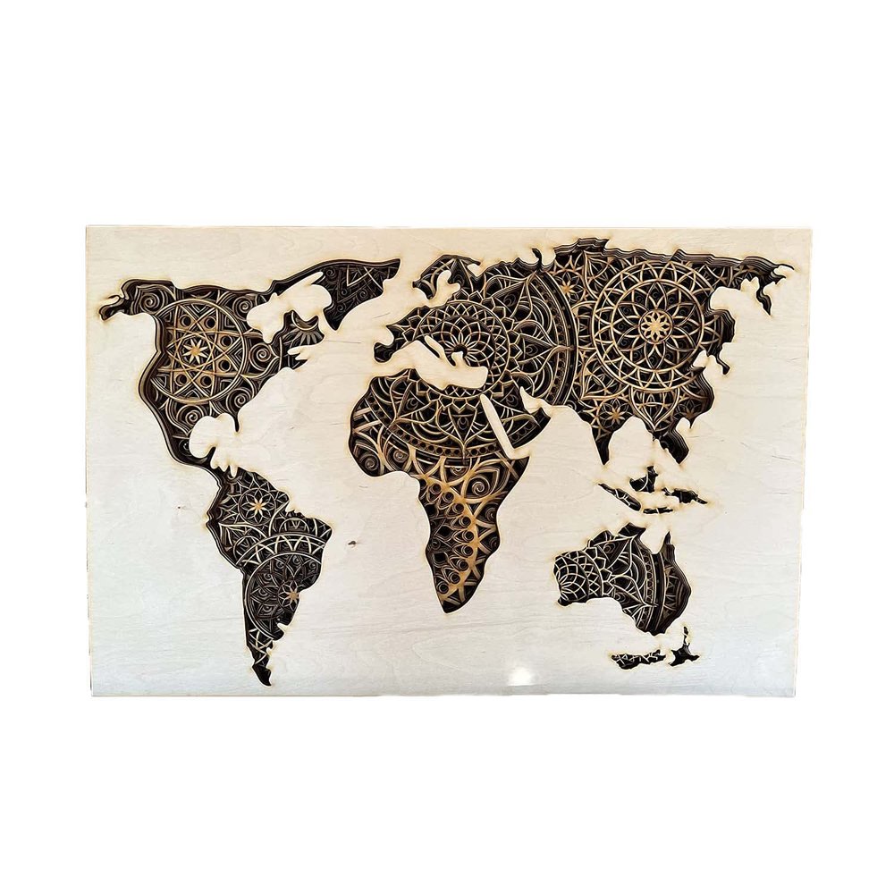 World Map Home Wall Decor Multilayered Laser Cut Carved Elegant Wooden Mandala Hanging MDF Panels - Rustic Contemporary Artwork (22.8x34.6in(58x88cm), Natural)