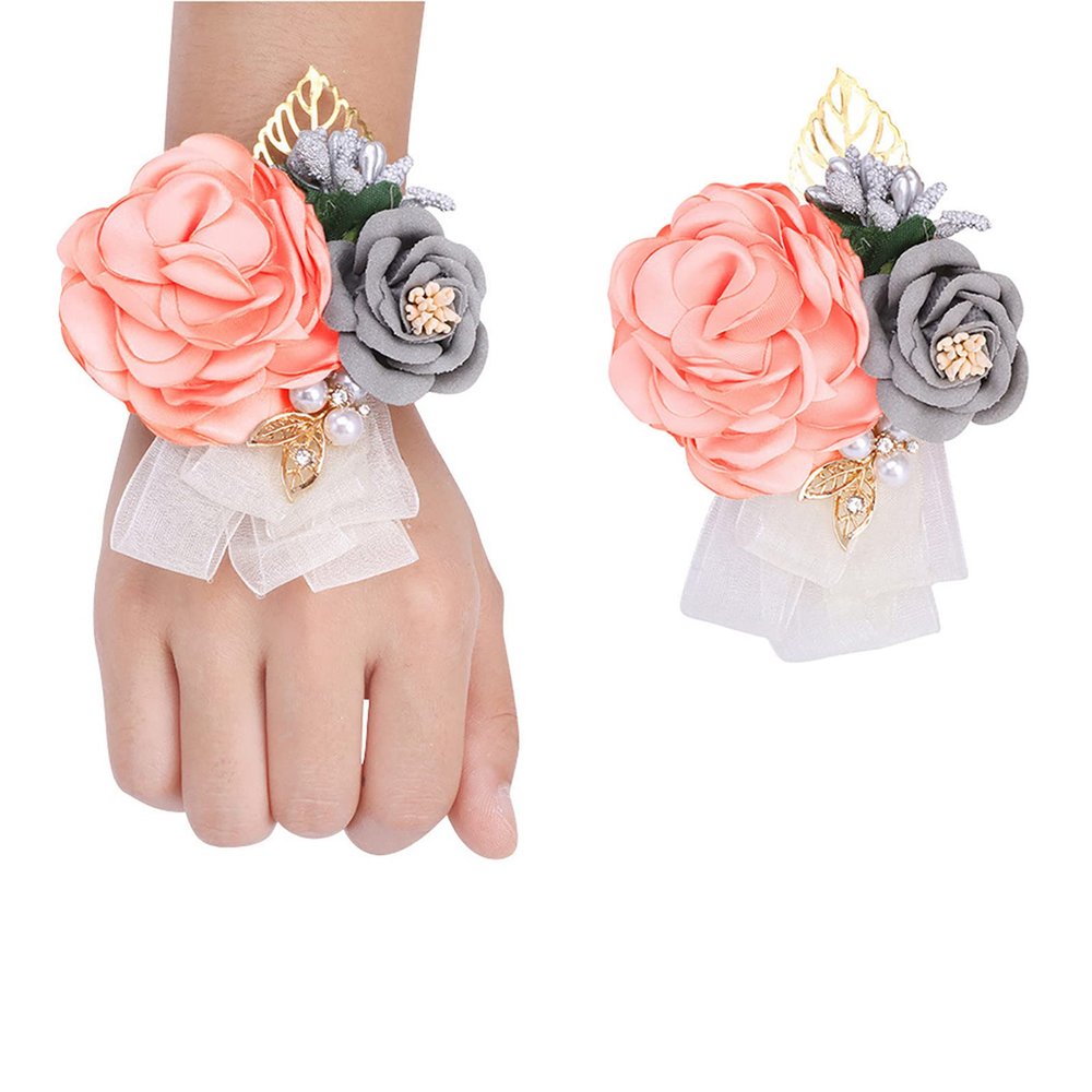 Fiwisora Satin Rose Men's Boutonniere for Groom, Bridegroom - Wedding, Prom, Party (Coral Pink Wrist Corsage & Boutonniere)