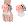 Fiwisora Satin Rose Men's Boutonniere for Groom, Bridegroom - Wedding, Prom, Party (Coral Pink Wrist Corsage & Boutonniere) view 1