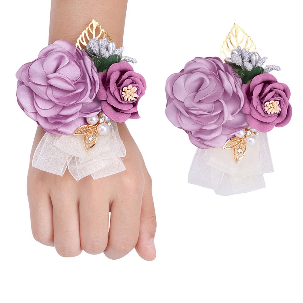 Fiwisora Satin Rose Men's Boutonniere Groom Boutonniere Bridegroom Boutonniere for Wedding Prom Party (XY Purple Wrist Corsage & Boutonniere)