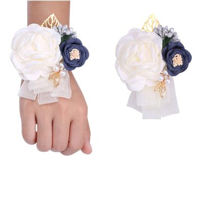 Fiwisora Satin Rose Men's Boutonniere Groom Boutonniere Bridegroom Boutonniere for Wedding Prom Party (Creamy White Wrist Corsage & Boutonniere)