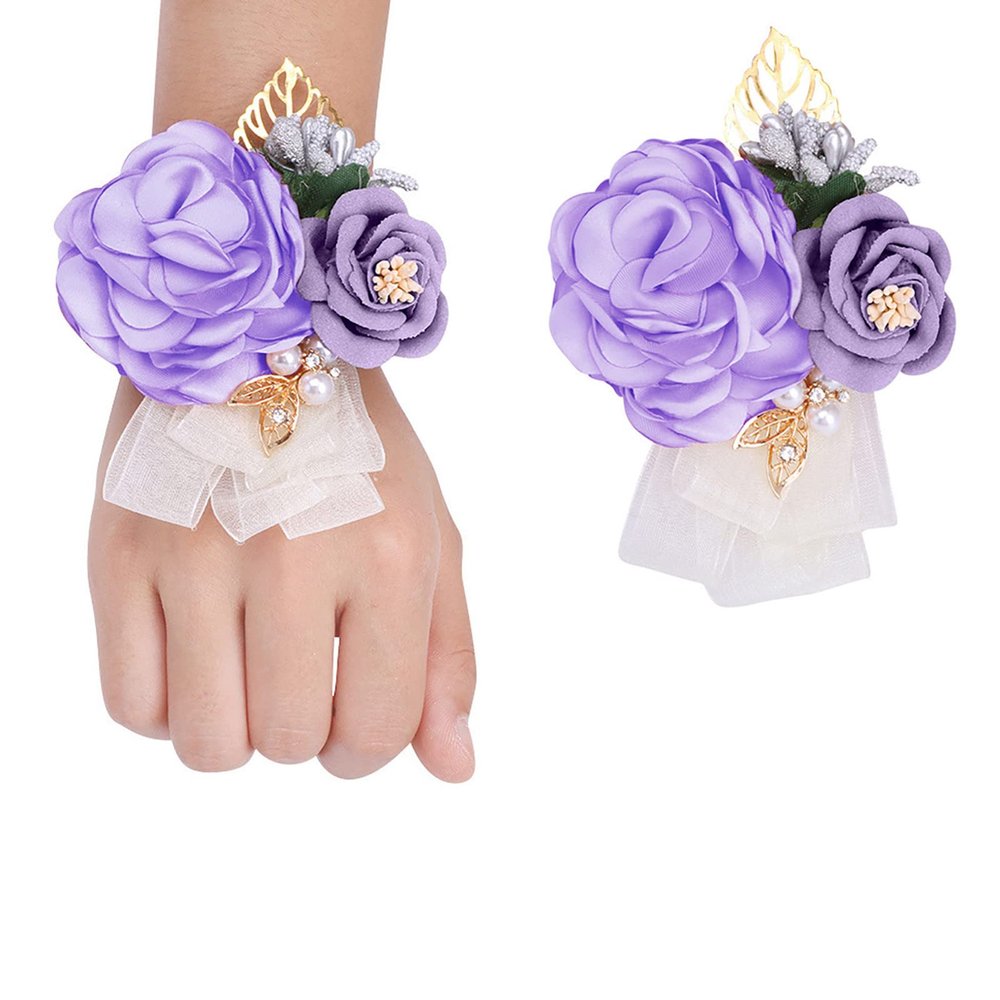 Fiwisora Satin Rose Men's Boutonniere & Wrist Corsage for Wedding, Prom, Party (Lavender)