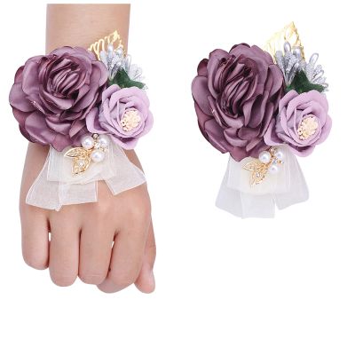 Fiwisora Satin Rose Men's Boutonniere Groom Boutonniere Bridegroom Boutonniere for Wedding Prom Party (Vintage Purple Wrist Corsage & Boutonniere)