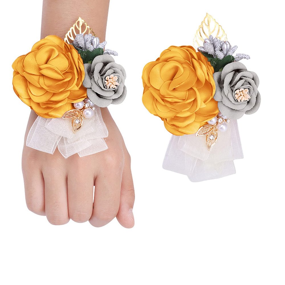 Fiwisora Satin Rose Men's Groom & Bridegroom Boutonniere for Wedding & Prom (Yellow Wrist Corsage & Boutonniere)