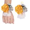 Fiwisora Satin Rose Men's Groom & Bridegroom Boutonniere for Wedding & Prom (Yellow Wrist Corsage & Boutonniere) view 1