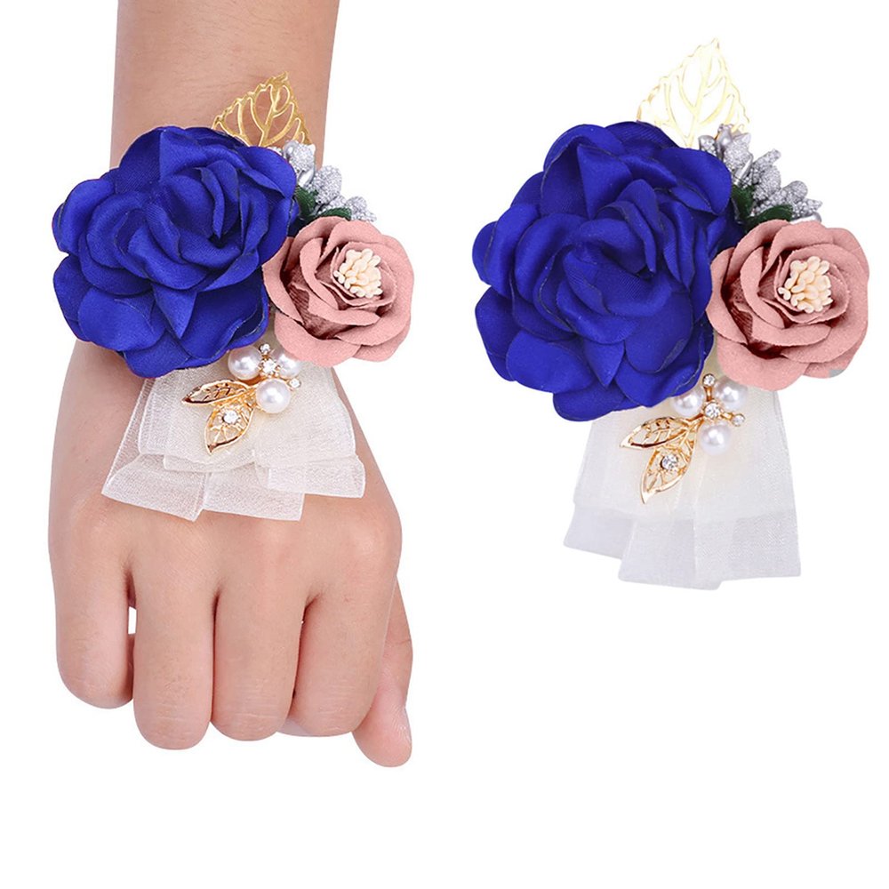 Fiwisora Satin Rose Men's Boutonniere for Groom, Bridegroom - Wedding, Prom, Party (Royal Blue Wrist Corsage & Boutonniere)