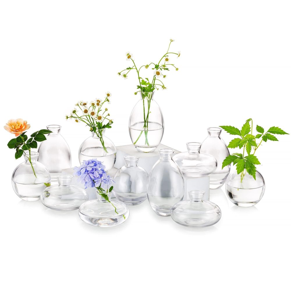 Glass Bud Vase for Centerpieces: 12Pcs Glasseam Clear Mini Small Vases for Flowers Bulk Flower Vase Set Aesthetic Cute Handmade Tiny Short Wedding Table Centerpiece Decor