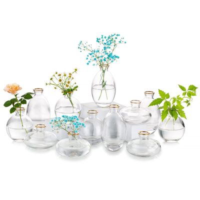 Glass Bud Vase for Centerpieces: 12Pcs Glasseam Gold Rim Mini Small Vases for Flowers Bulk Flower Vase Set Aesthetic Cute Handmade Tiny Short Wedding Table Centerpiece Decor