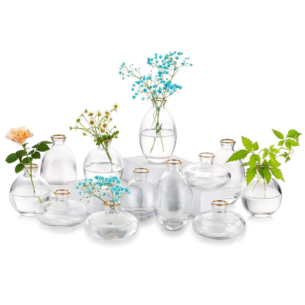 Glass Bud Vase for Centerpieces: 12Pcs Glasseam Gold Rim Mini Small Vases for Flowers Bulk Flower Vase Set Aesthetic Cute Handmade Tiny Short Wedding Table Centerpiece Decor