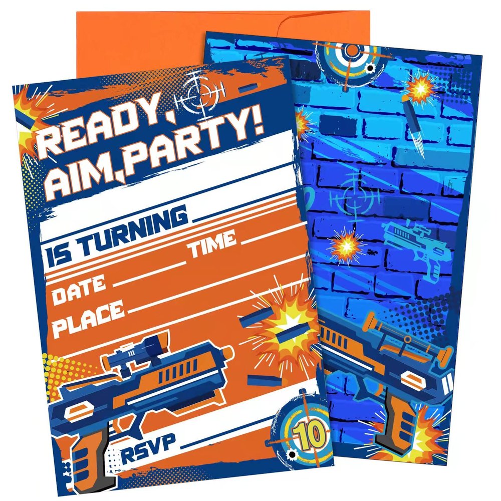 MSNOR 30 packs Dart War Invitations Birthday Party Supplies Blaster Nerf Gun Battle Theme Party Invitations with 30 Orange Envelopes for Boy Kids Dart War Nerf Party Decorations Supplies Favor
