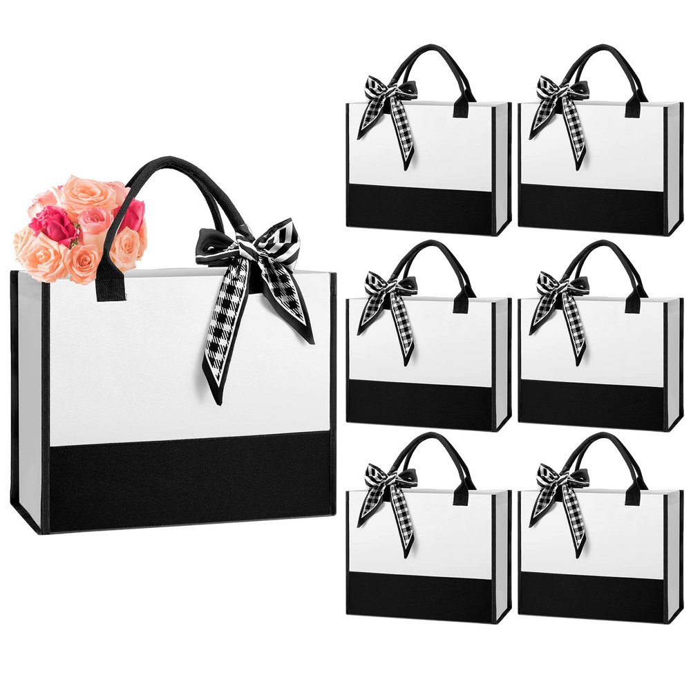Reginary 6 Pack Canvas Beach Tote Bags with Handles and Scarves Large Capacity Waterproof Tote Set for Women Black and White Reusable Gift Bags for Travel Shopping Wedding