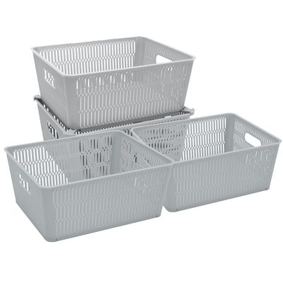 Simplify 4Pk Large Slide 2 Stack It Tote Basket | Storage & Organization | Open Bins with Stackable Capability | Bathroom | Crafts | Pantry | Playroom | Office | Grey (KIT-25930-GREY-4PK)