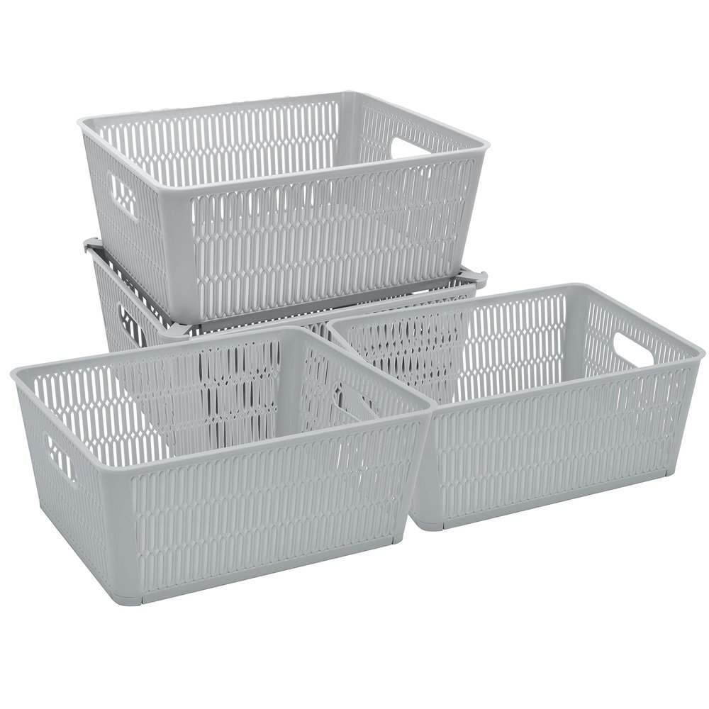 Simplify 4Pk Large Slide 2 Stack It Tote Basket | Storage & Organization | Open Bins with Stackable Capability | Bathroom | Crafts | Pantry | Playroom | Office | Grey (KIT-25930-GREY-4PK)
