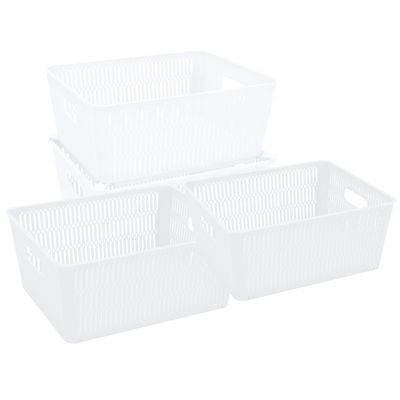 Simplify 4Pk Large Slide 2 Stack It Tote Basket | Storage & Organization | Open Bins with Stackable Capability | Bathroom | Crafts | Pantry | Playroom | Office | White (KIT-25930-WHITE-4PK)