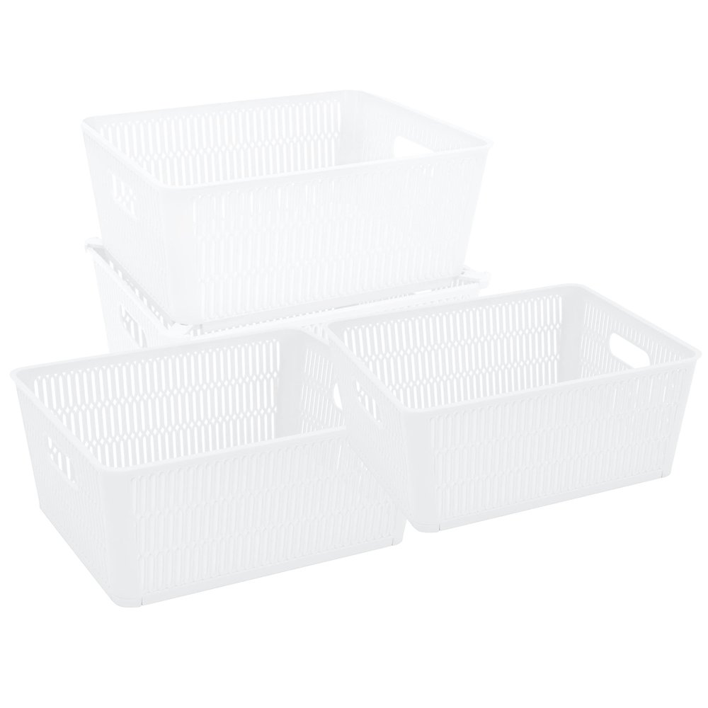 Simplify 4Pk Large Slide 2 Stack It Tote Basket | Storage & Organization | Open Bins with Stackable Capability | Bathroom | Crafts | Pantry | Playroom | Office | White (KIT-25930-WHITE-4PK)